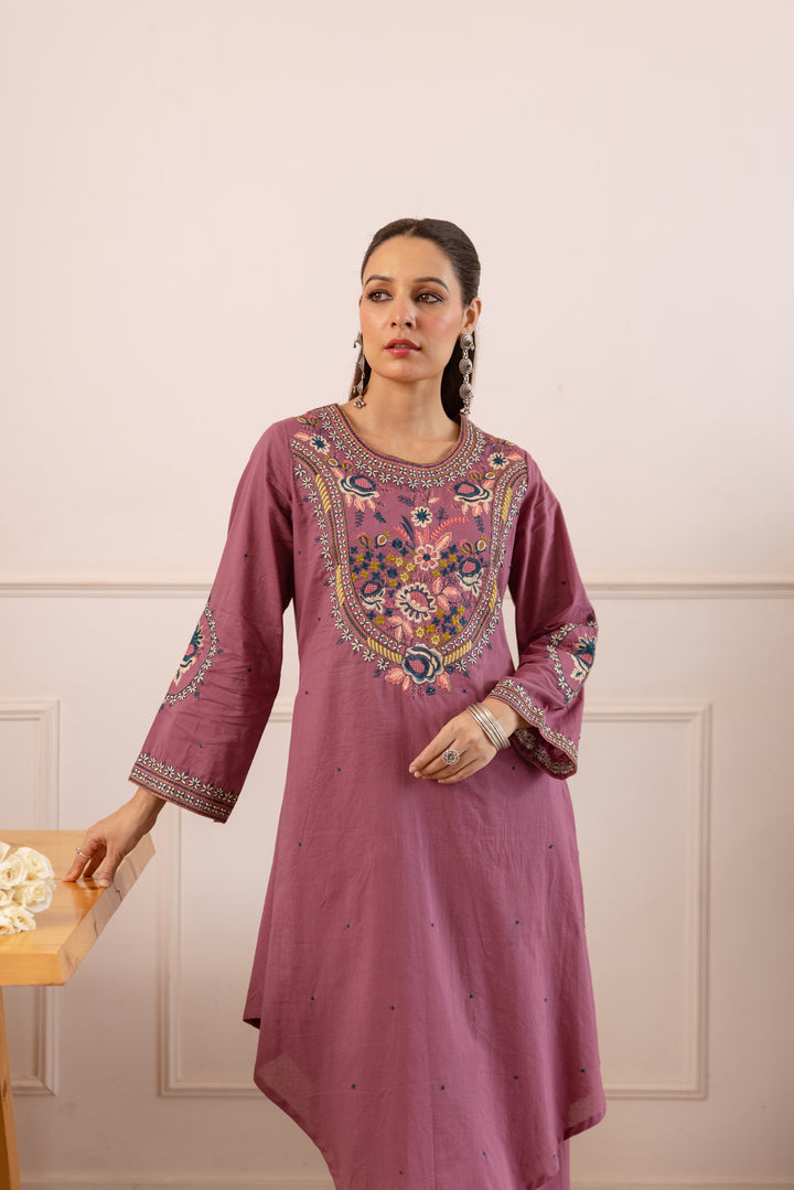 Nehamta Women's Mauve Cotton Asymetrical Kurta & Palazzo