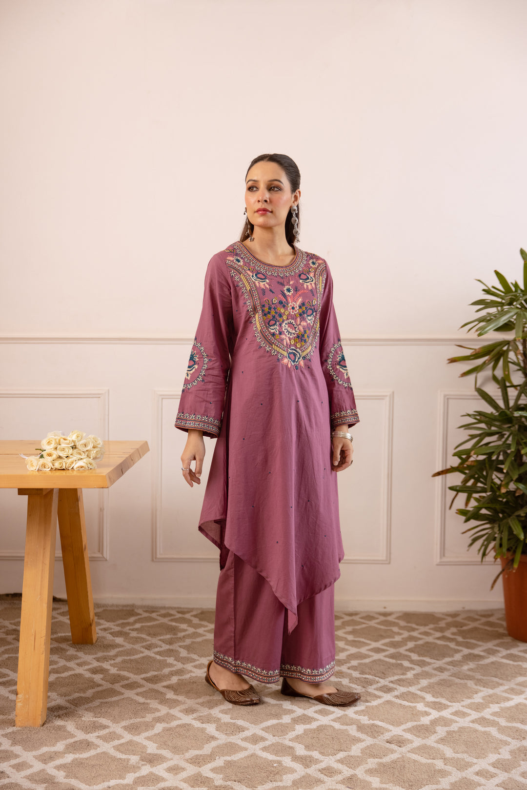 Nehamta Women's Mauve Cotton Asymetrical Kurta & Palazzo