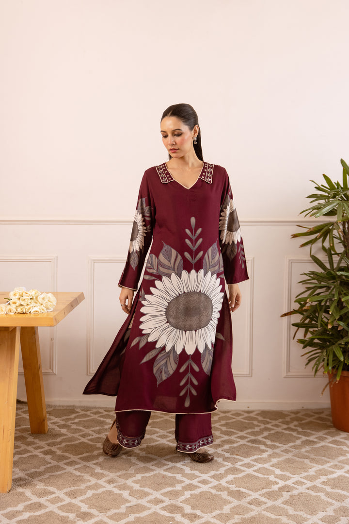 Nehamta Women's Maroon German Rayon Kurta With Palazzo Set