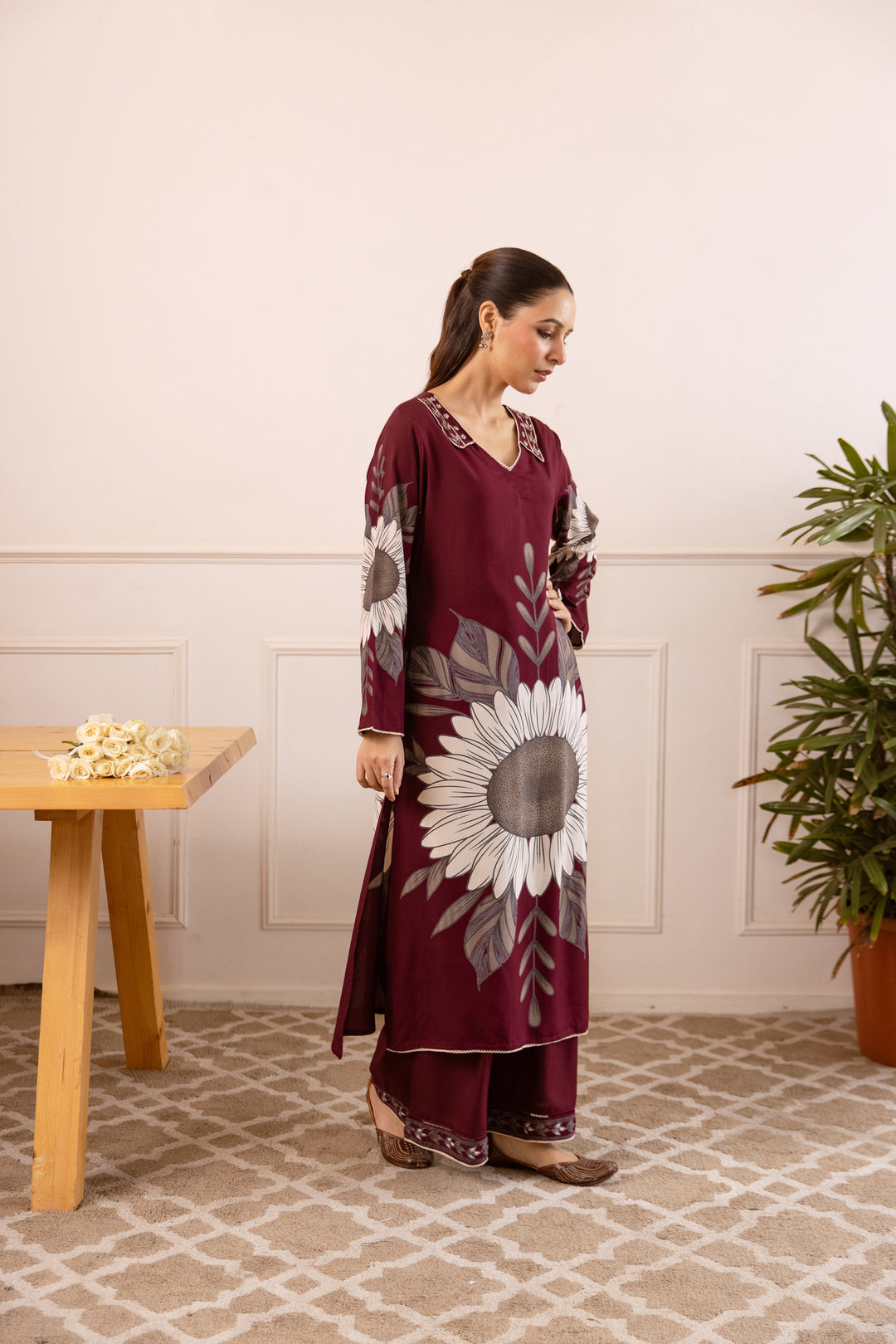 Nehamta Women's Maroon German Rayon Kurta With Palazzo Set