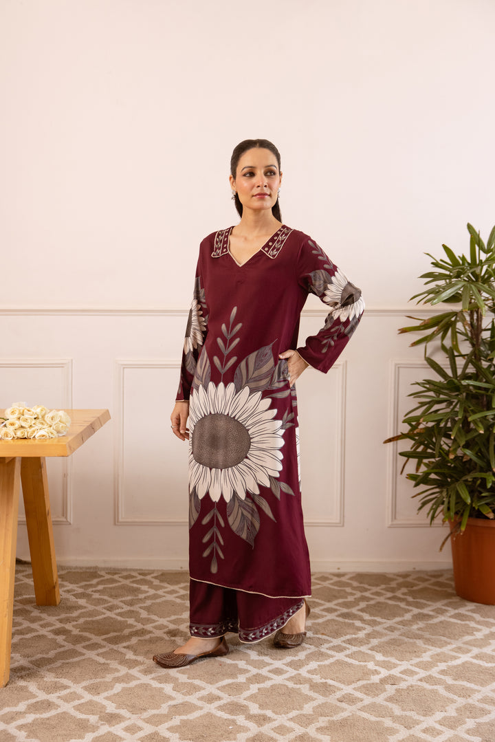 Nehamta Women's Maroon German Rayon Kurta With Palazzo Set