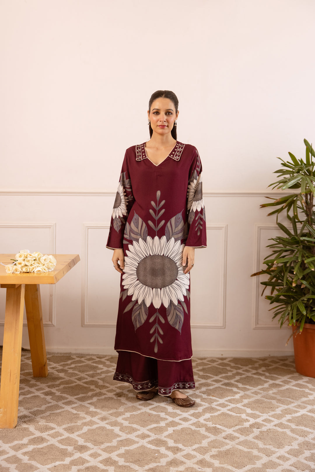 Nehamta Women's Maroon German Rayon Kurta With Palazzo Set