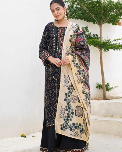 Nehamta Women's Black German Rayon Kurta With Divider Palazzo Set