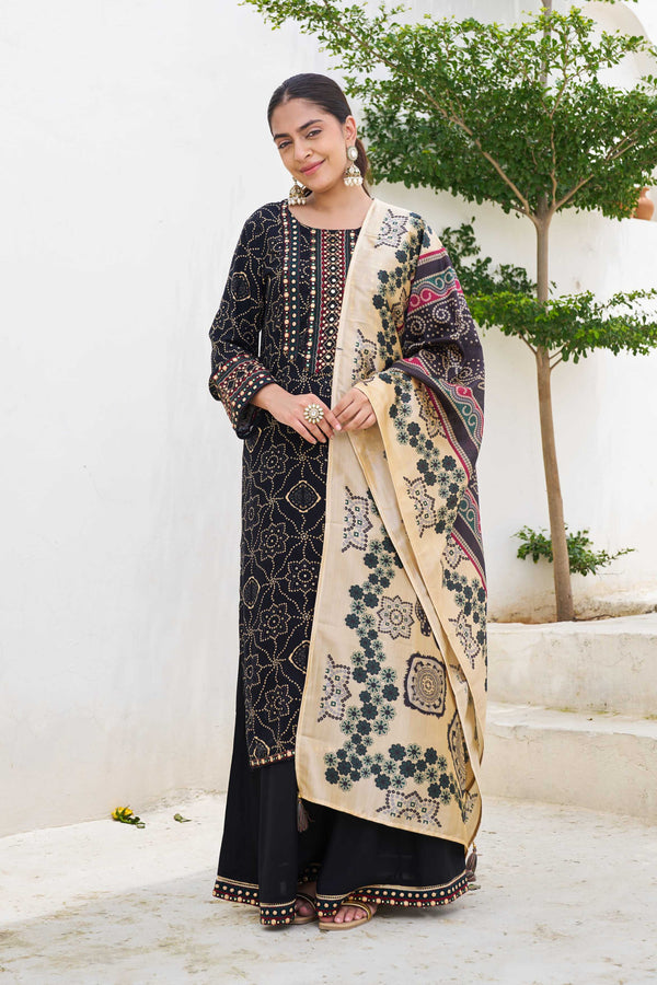 Nehamta Women's Black German Rayon Kurta With Divider Palazzo Set