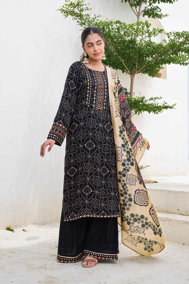 Nehamta Women's Black German Rayon Kurta With Divider Palazzo Set