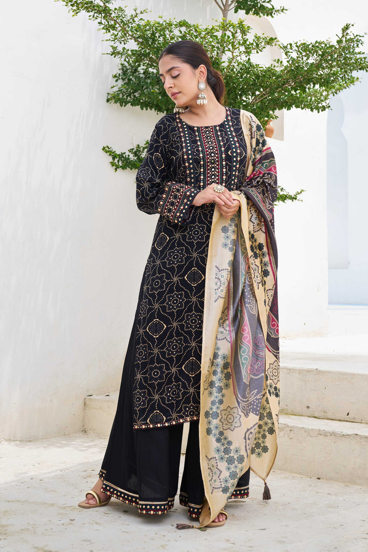 Nehamta Women's Black German Rayon Kurta With Divider Palazzo Set