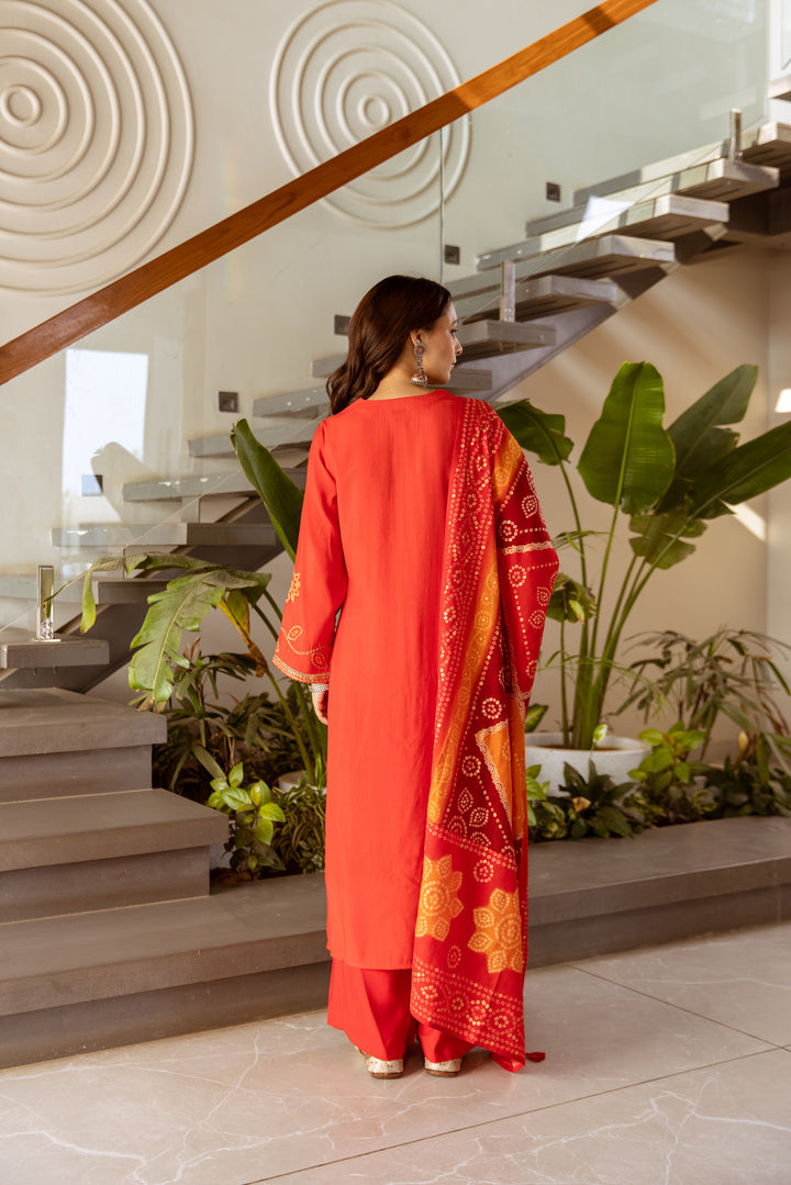 Nehamta Women's Red Modal Muslin Kurta With Palazzo Set