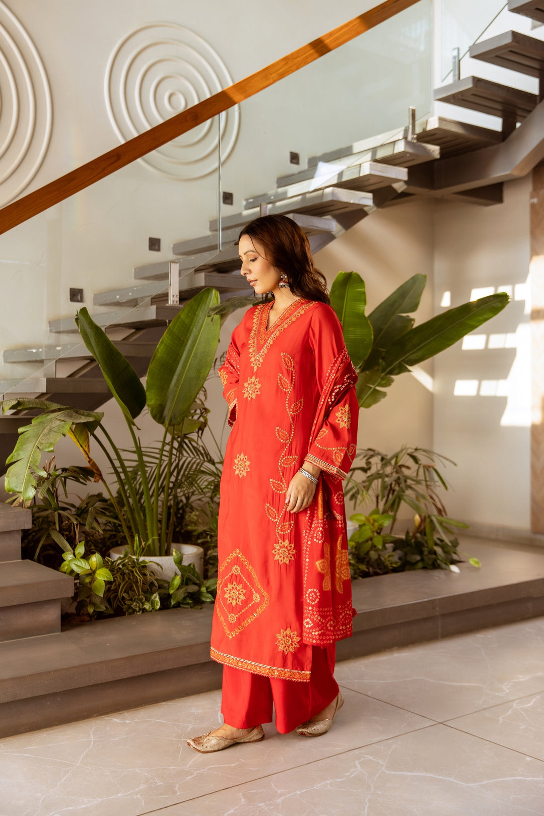 Nehamta Women's Red Modal Muslin Kurta With Palazzo Set