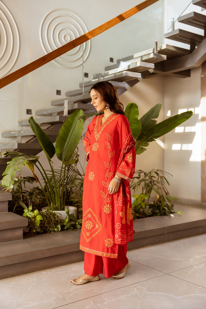 Nehamta Women's Red Modal Muslin Kurta With Palazzo Set