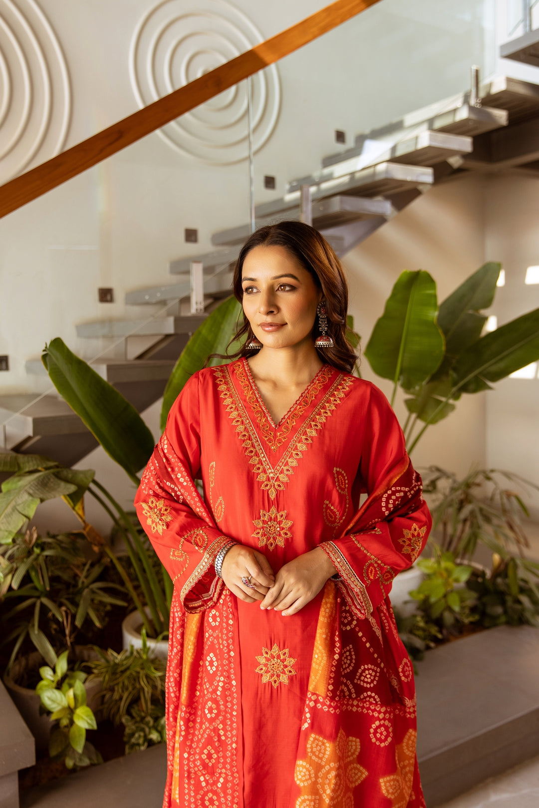 Nehamta Women's Red Modal Muslin Kurta With Palazzo Set