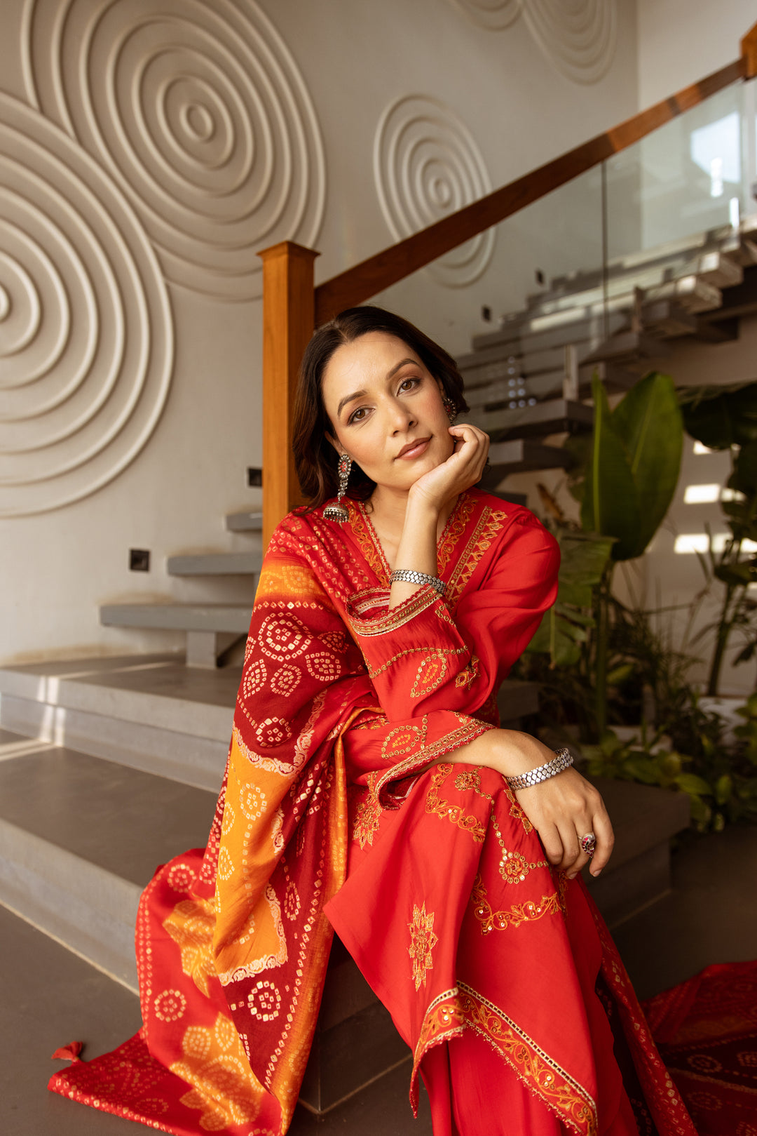 Nehamta Women's Red Modal Muslin Kurta With Palazzo Set