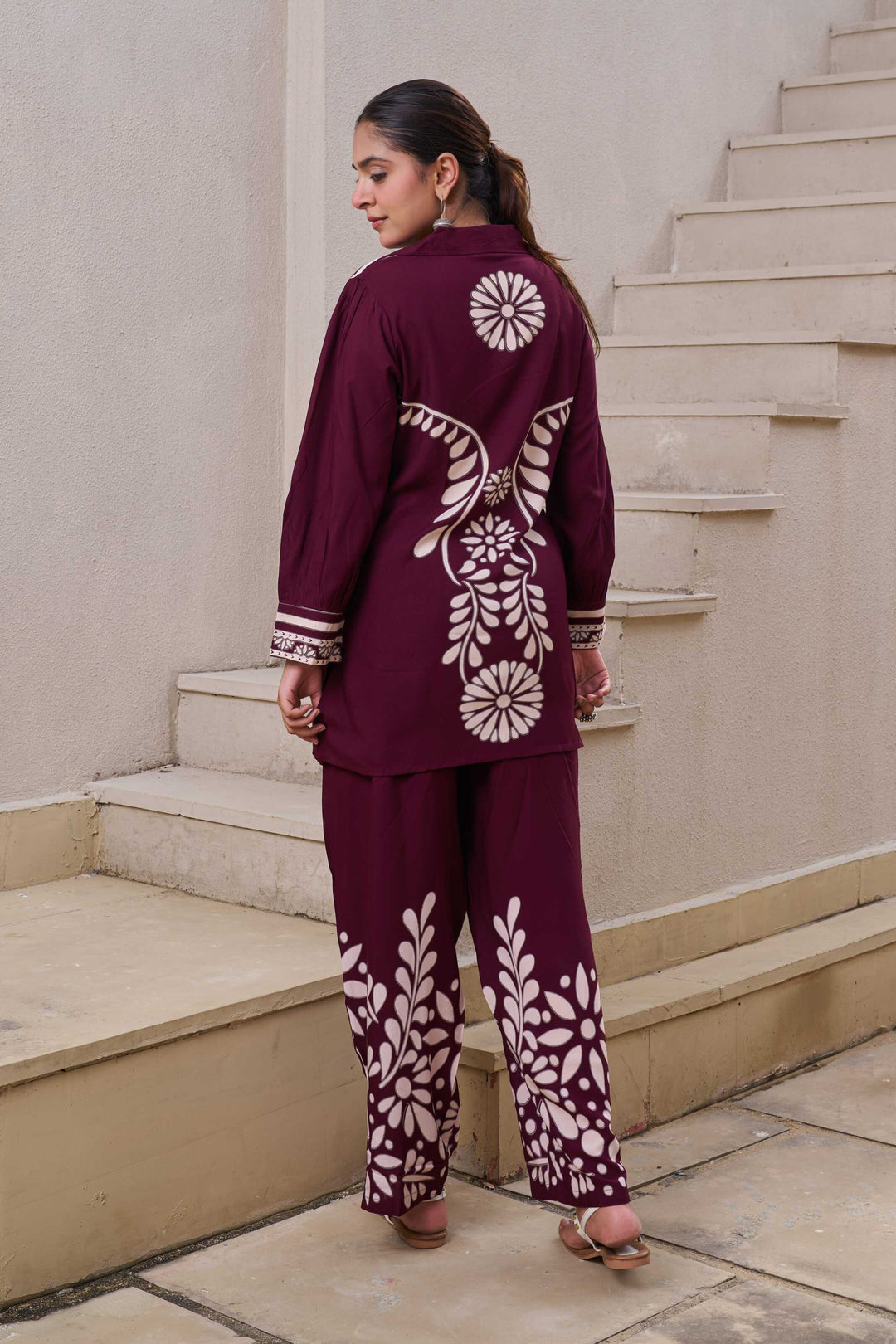 Nehamta Women's Wine German Rayon Tunic & 1 Pant Co-Ords Set