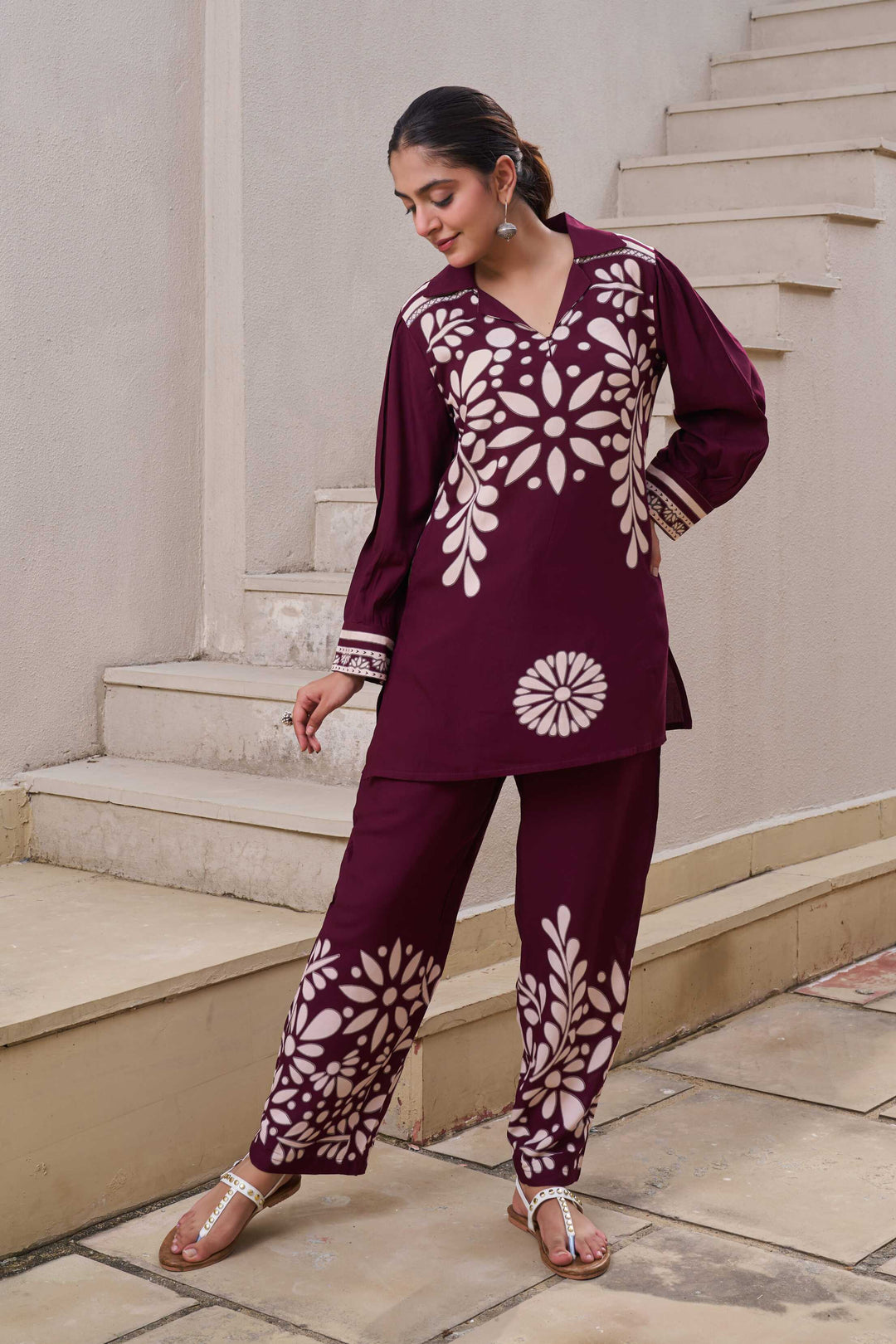 Nehamta Women's Wine German Rayon Tunic & 1 Pant Co-Ords Set