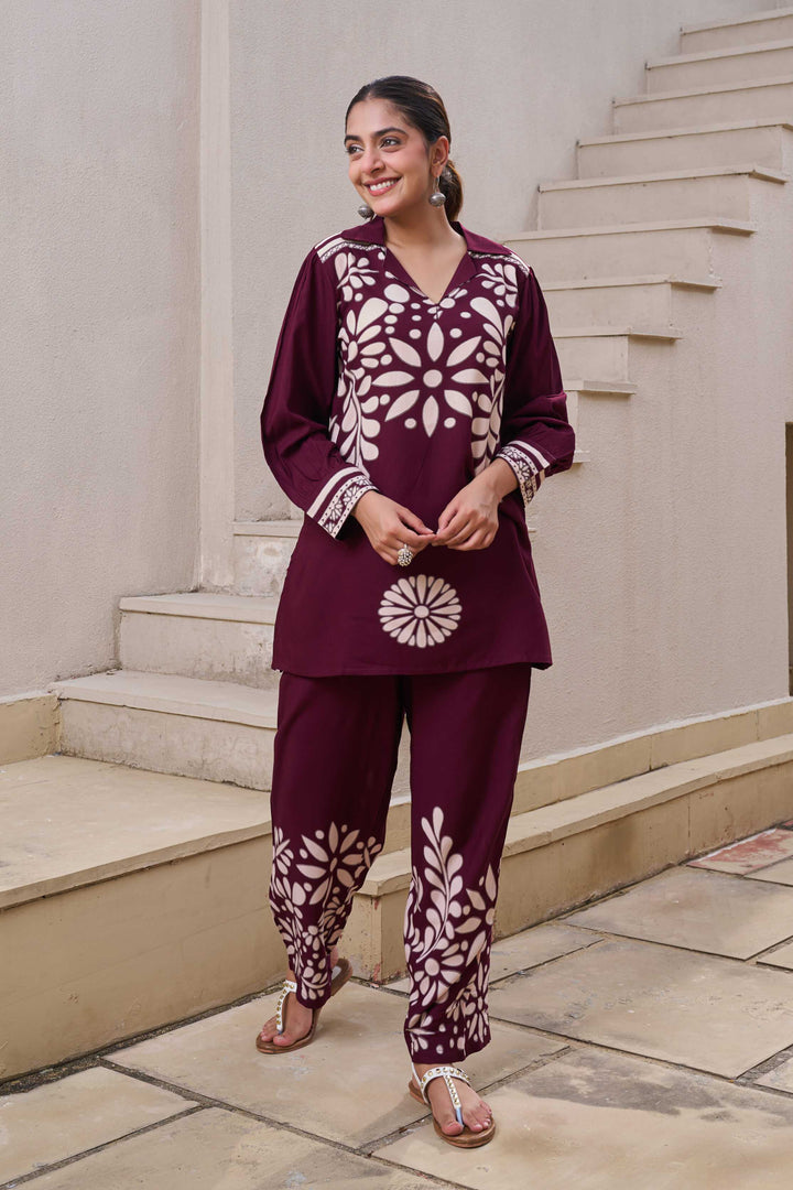 Nehamta Women's Wine German Rayon Tunic & 1 Pant Co-Ords Set