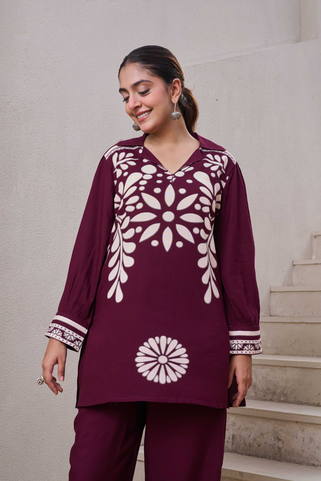 Nehamta Women's Wine German Rayon Tunic & 1 Pant Co-Ords Set