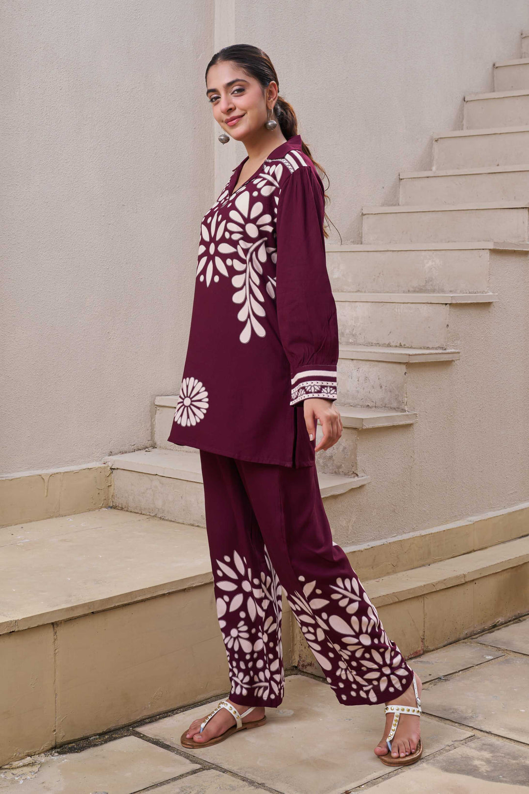 Nehamta Women's Wine German Rayon Tunic & 1 Pant Co-Ords Set