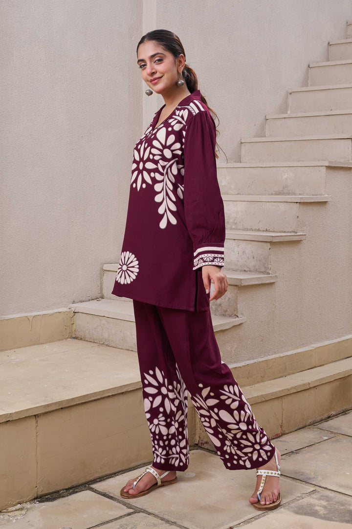 Nehamta Women's Wine German Rayon Tunic & 1 Pant Co-Ords Set