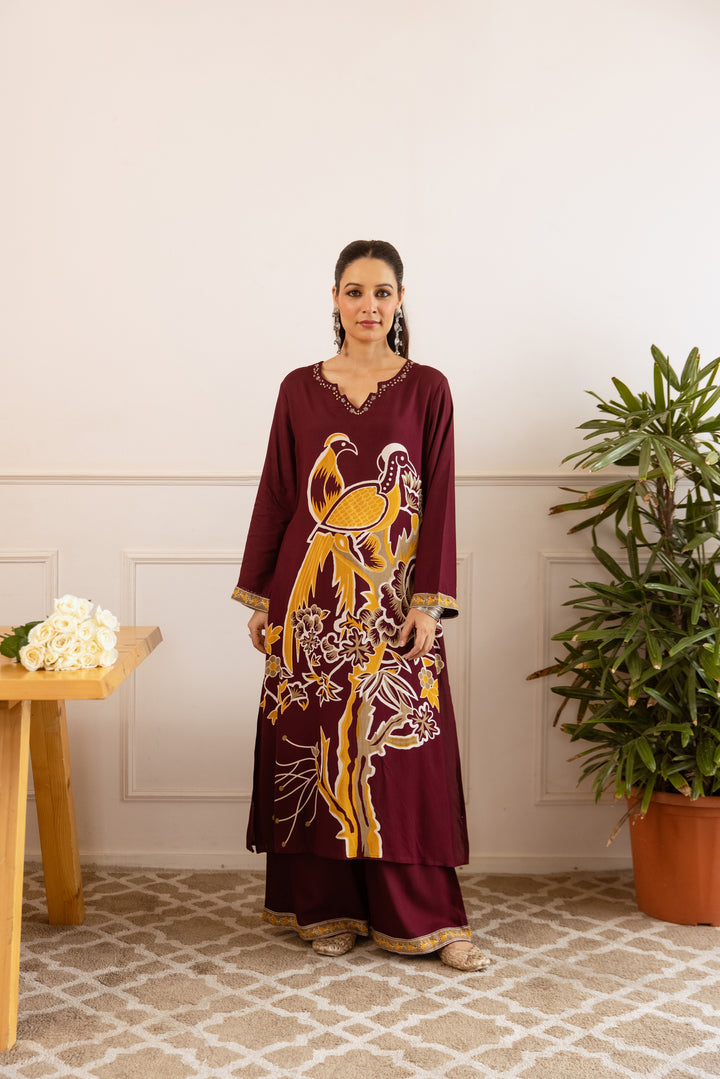 Nehamta Women's Maroon German Rayon Kurta With Palazzo Set