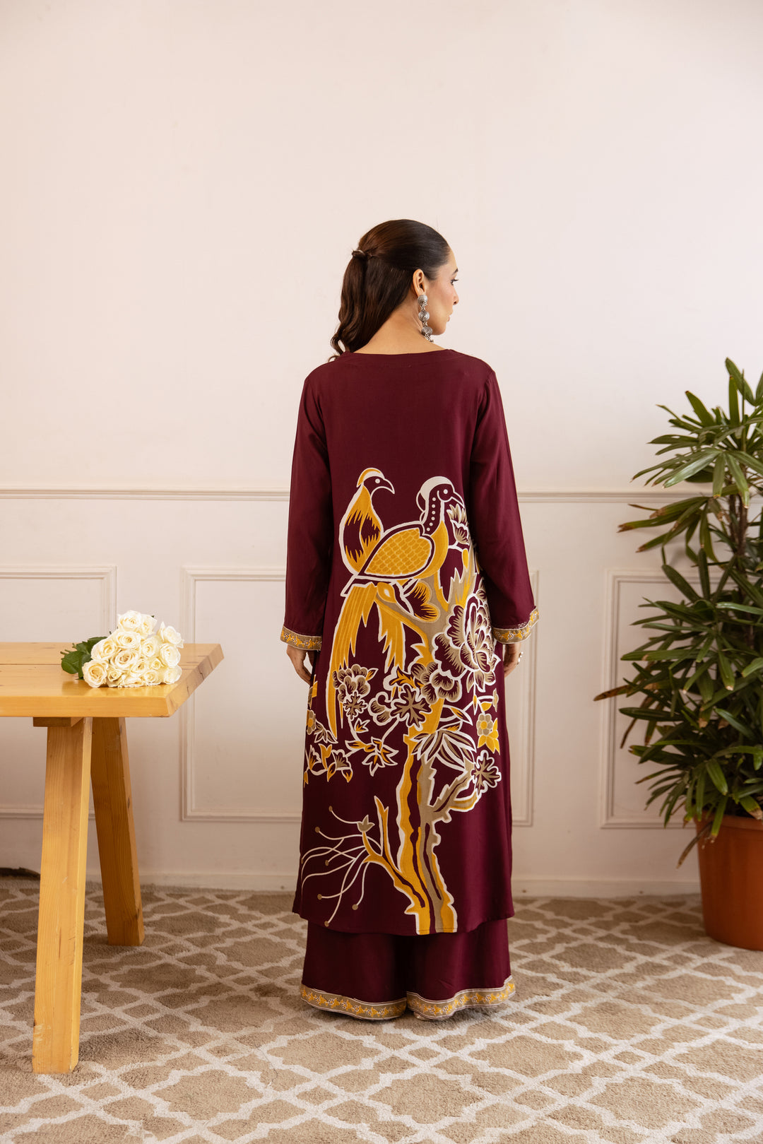 Nehamta Women's Maroon German Rayon Kurta With Palazzo Set