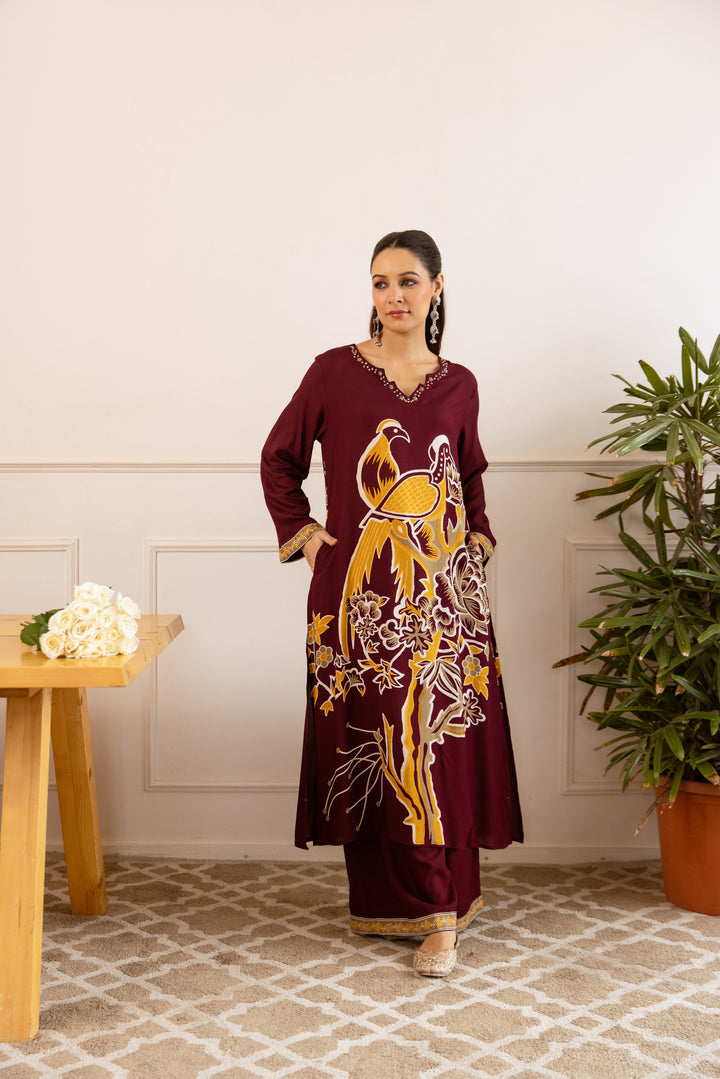 Nehamta Women's Maroon German Rayon Kurta With Palazzo Set