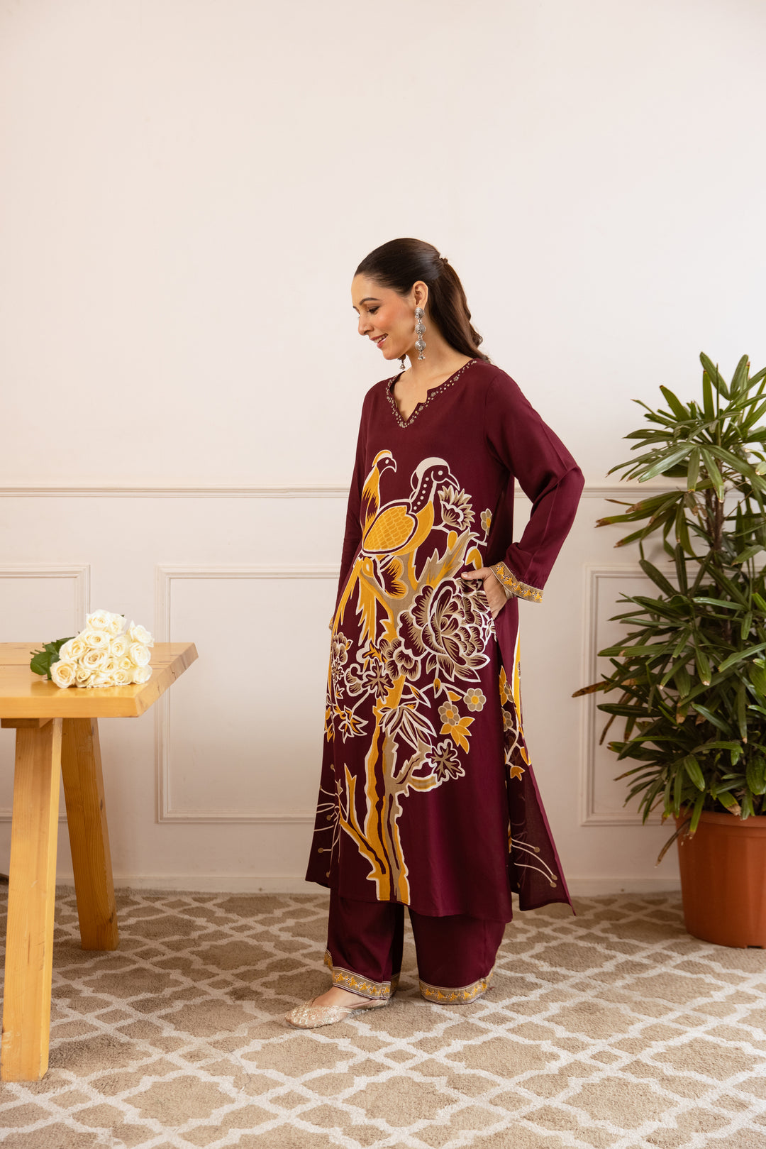 Nehamta Women's Maroon German Rayon Kurta With Palazzo Set