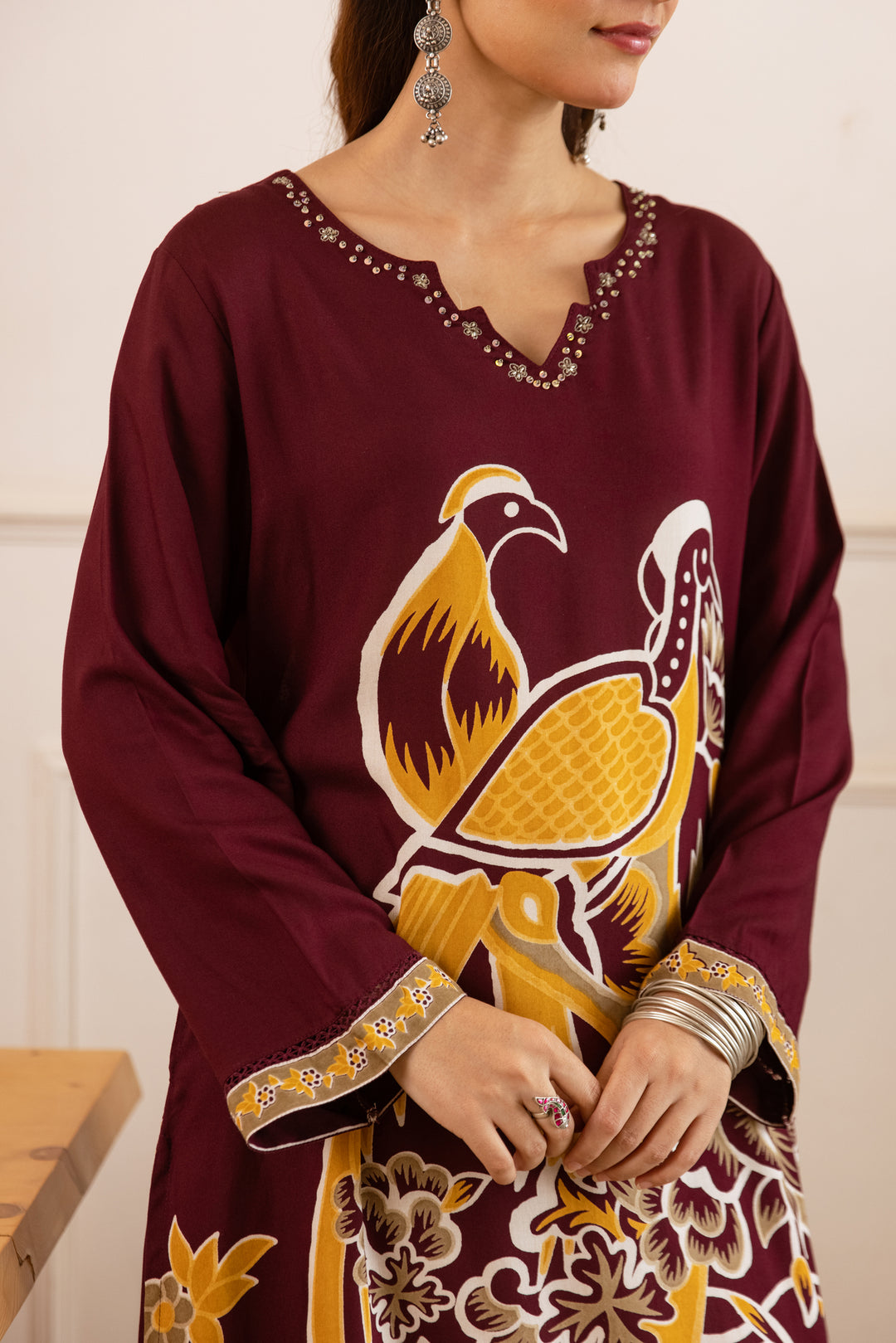 Nehamta Women's Maroon German Rayon Kurta With Palazzo Set