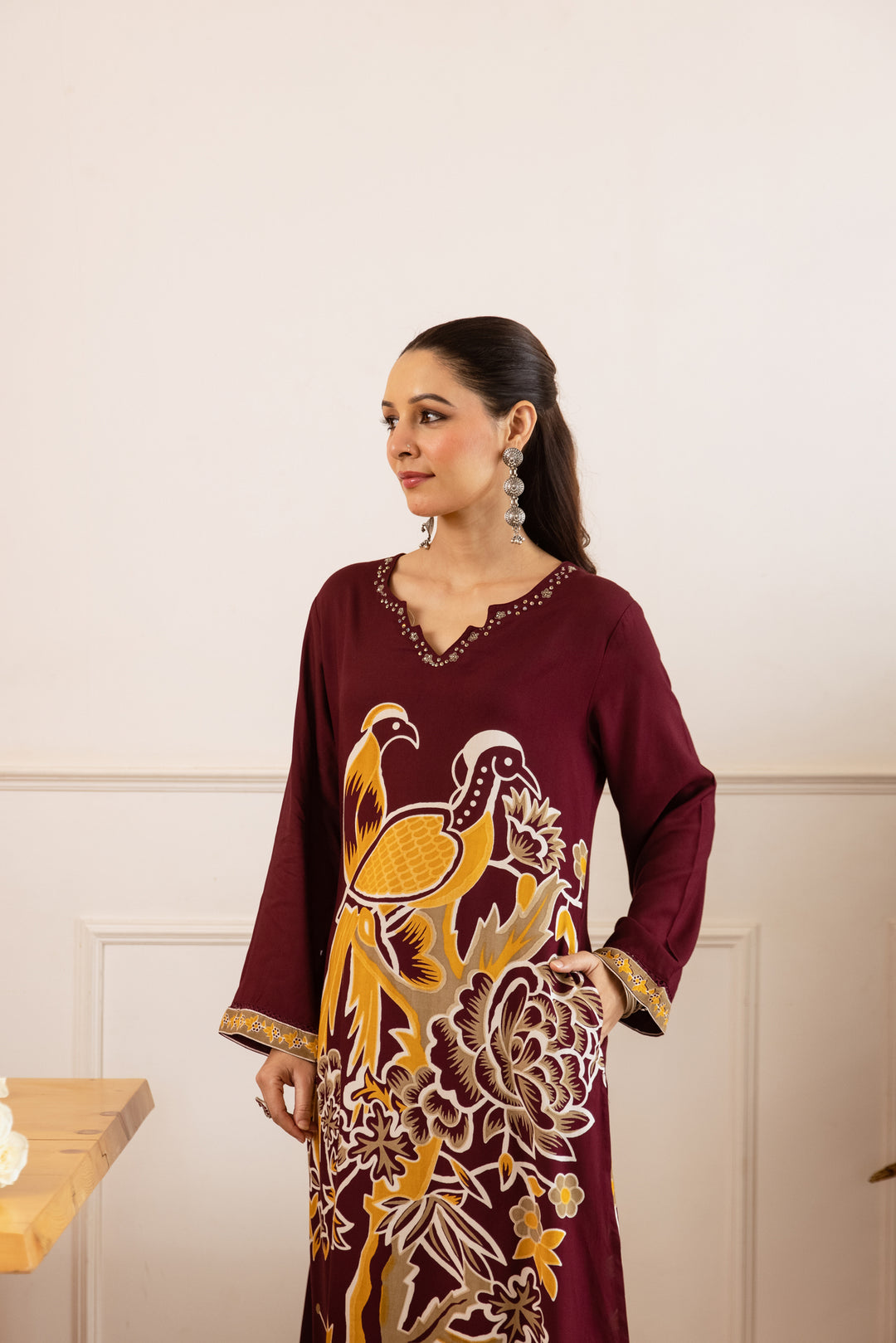 Nehamta Women's Maroon German Rayon Kurta With Palazzo Set