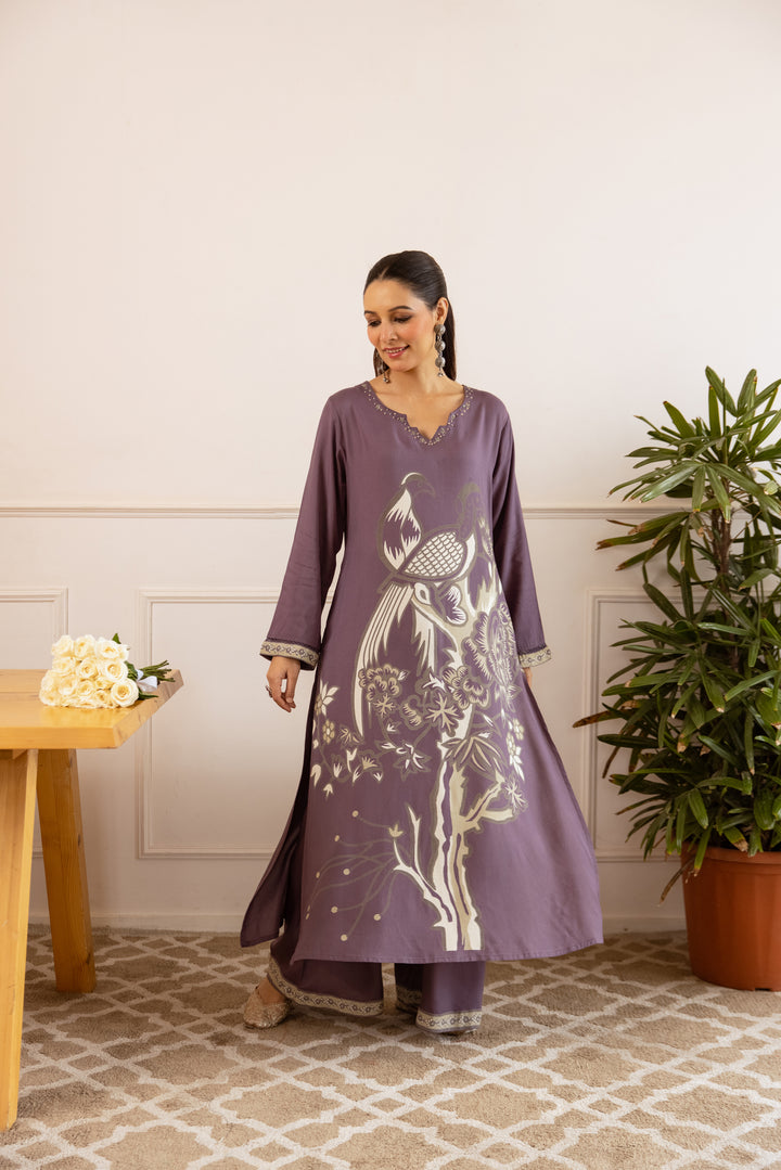 Nehamta Women's Lavender German Rayon Kurta With Palazzo Set