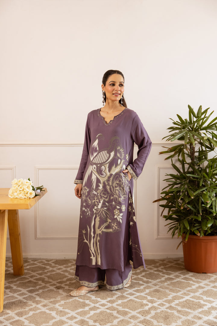 Nehamta Women's Lavender German Rayon Kurta With Palazzo Set