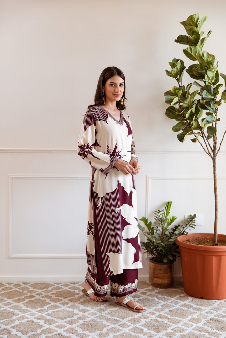 Nehamta Women's Wine:Off white German Rayon Kurta With Palazzo Set