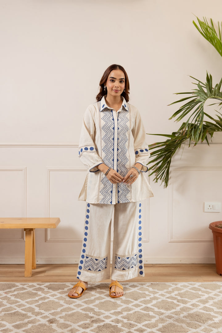 Nehamta Women's White Pure Cotton Tunic with Palazzo Co-Ords Set
