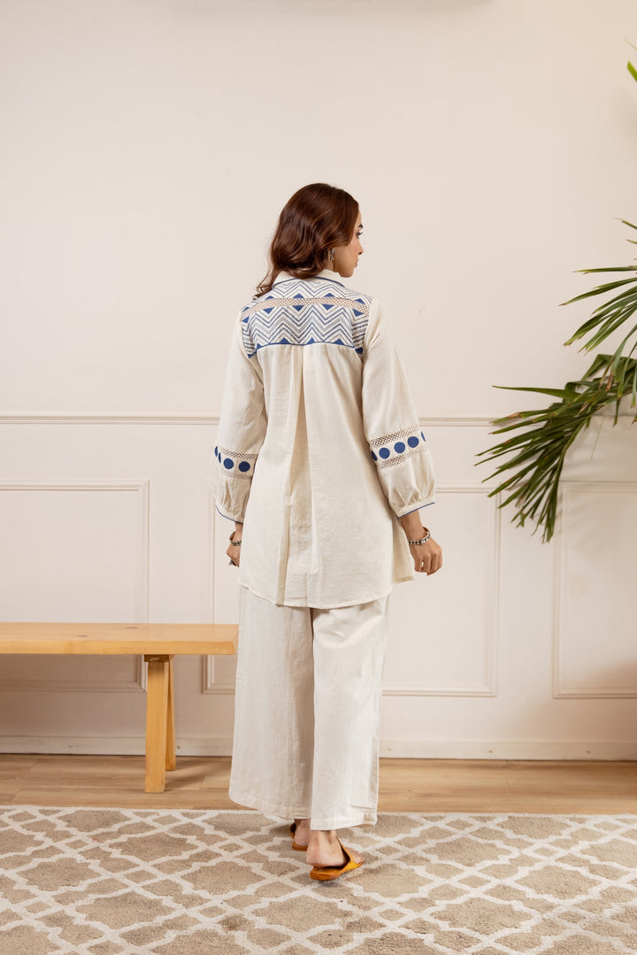 Nehamta Women's White Pure Cotton Tunic with Palazzo Co-Ords Set