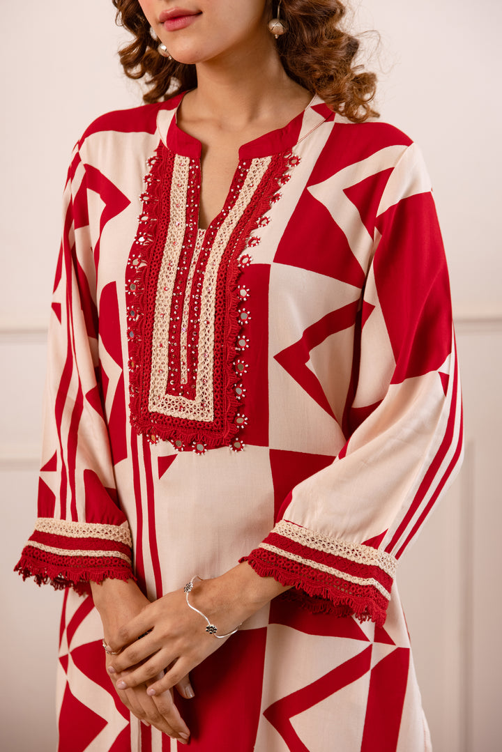 Nehamta Women's Red:White German Rayon Tunic with Palazzo Co-Ords Set