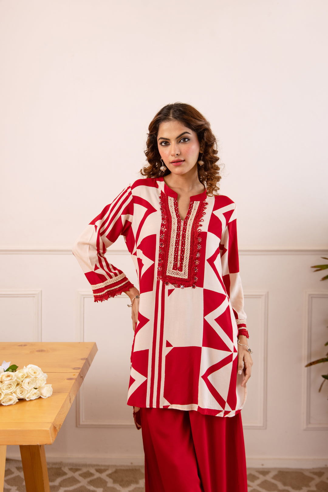 Nehamta Women's Red:White German Rayon Tunic with Palazzo Co-Ords Set