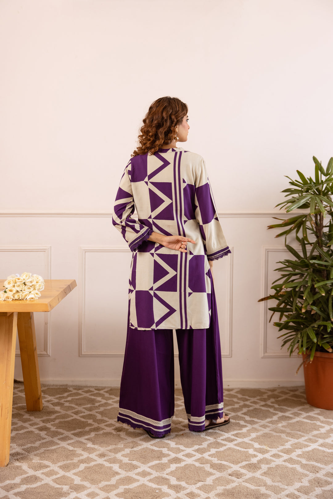 Nehamta Women's Purple:White German Rayon Tunic with Palazzo Co-Ords Set