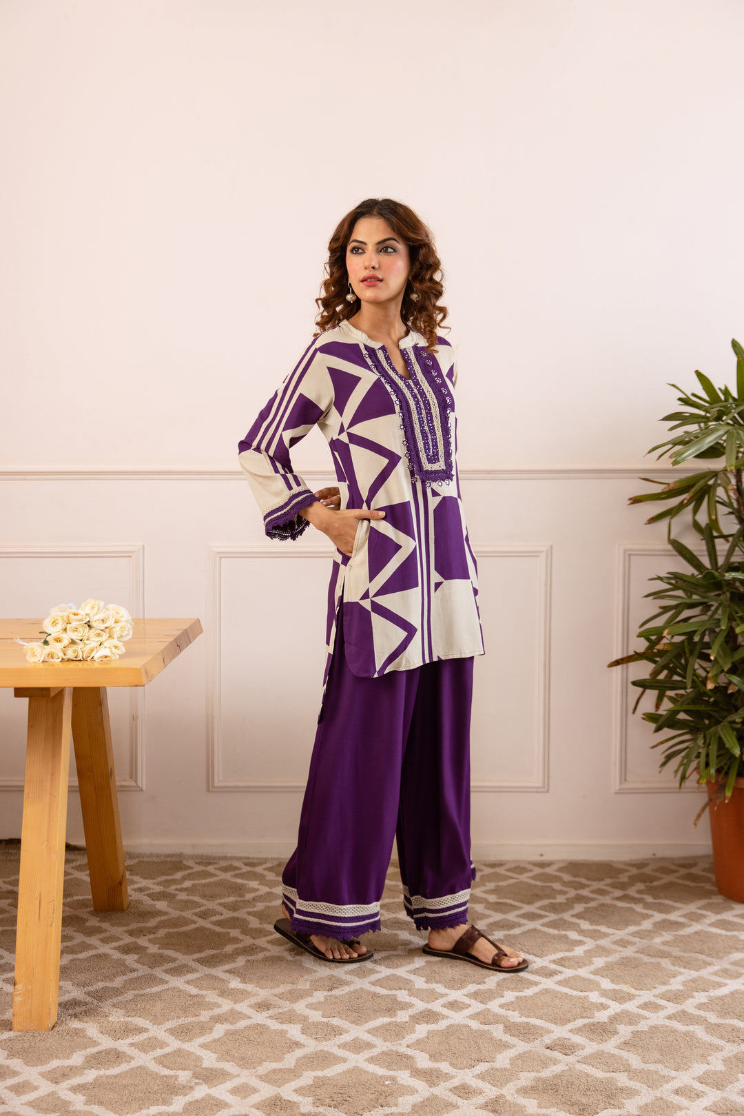 Nehamta Women's Purple:White German Rayon Tunic with Palazzo Co-Ords Set