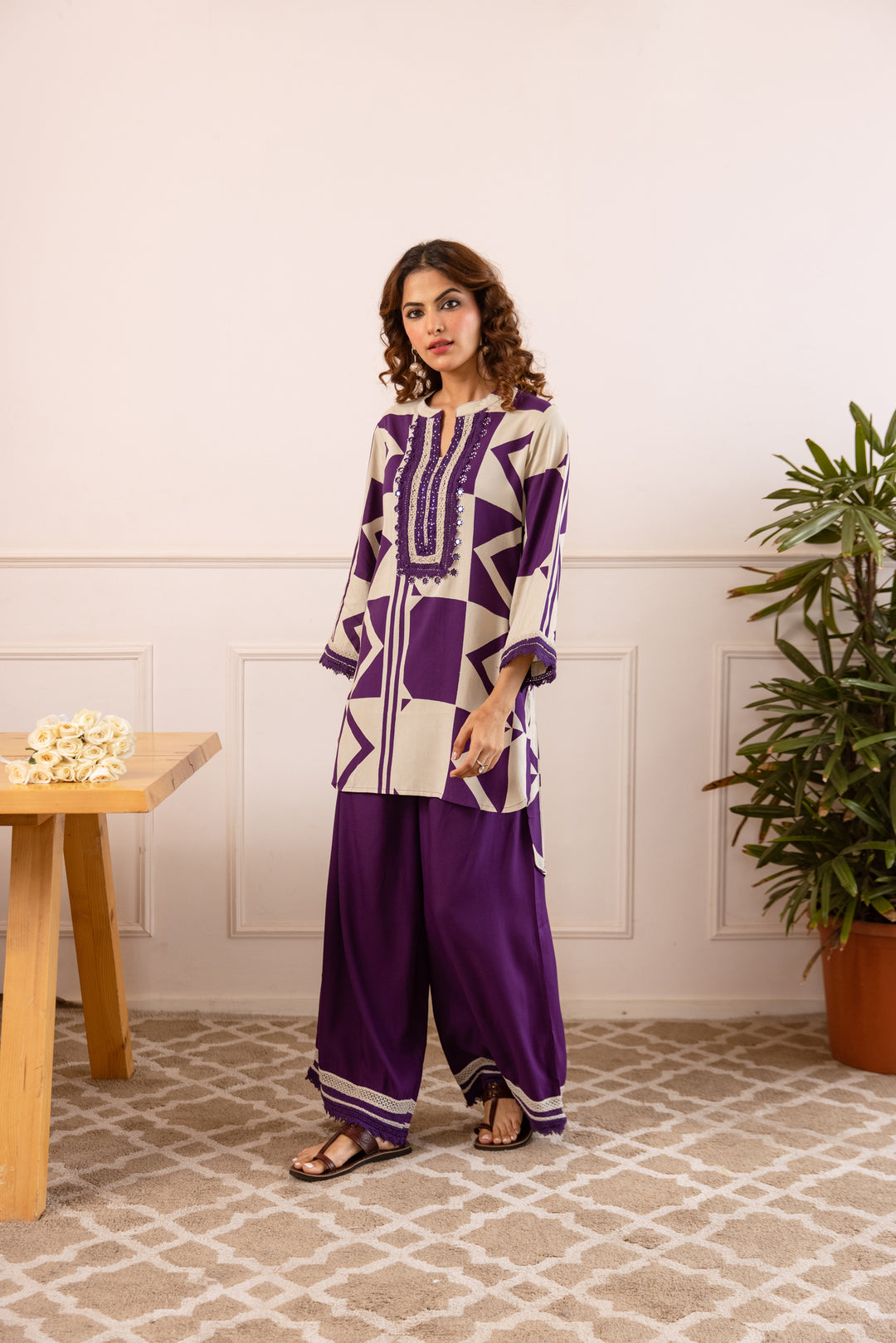 Nehamta Women's Purple:White German Rayon Tunic with Palazzo Co-Ords Set