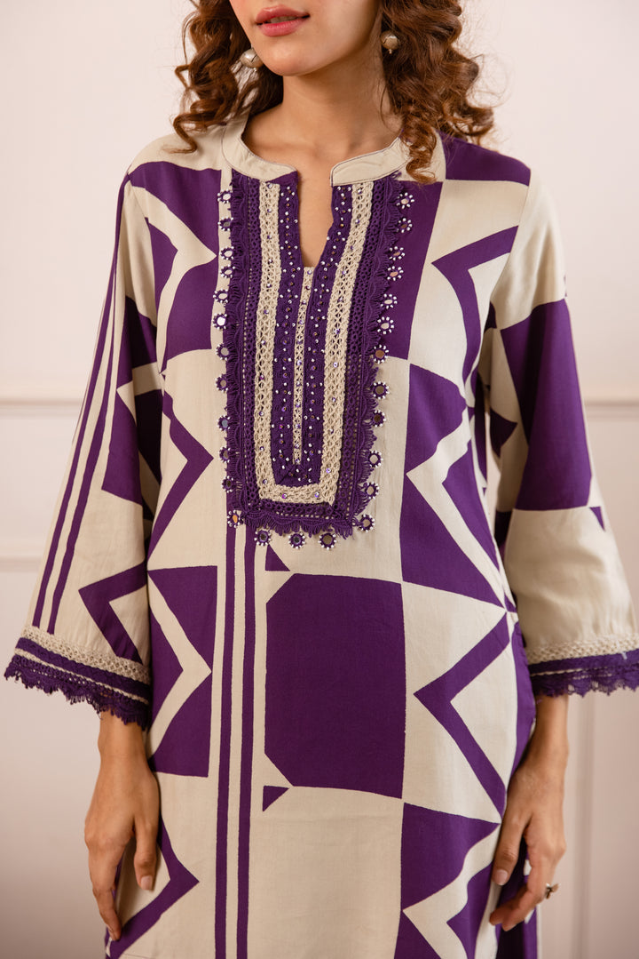 Nehamta Women's Purple:White German Rayon Tunic with Palazzo Co-Ords Set