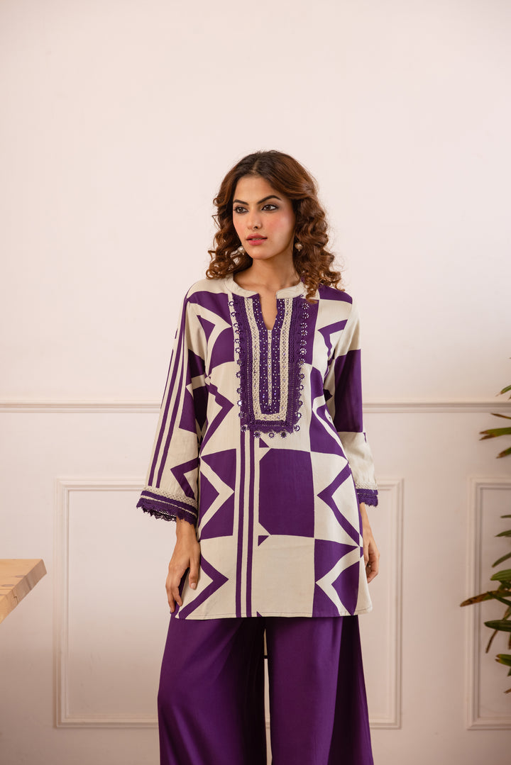 Nehamta Women's Purple:White German Rayon Tunic with Palazzo Co-Ords Set