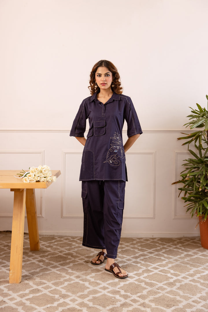 Nehamta Women's Navy Blue Pure Cotton Tunic with Pant Co-Ords Set