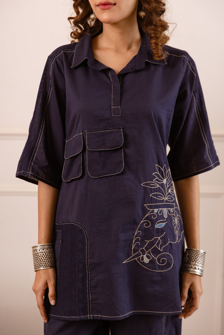 Nehamta Women's Navy Blue Pure Cotton Tunic with Pant Co-Ords Set