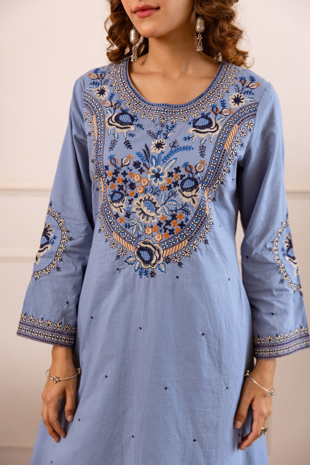 Nehamta Women's Sky Blue Cotton Asymetrical Kurta & Palazzo