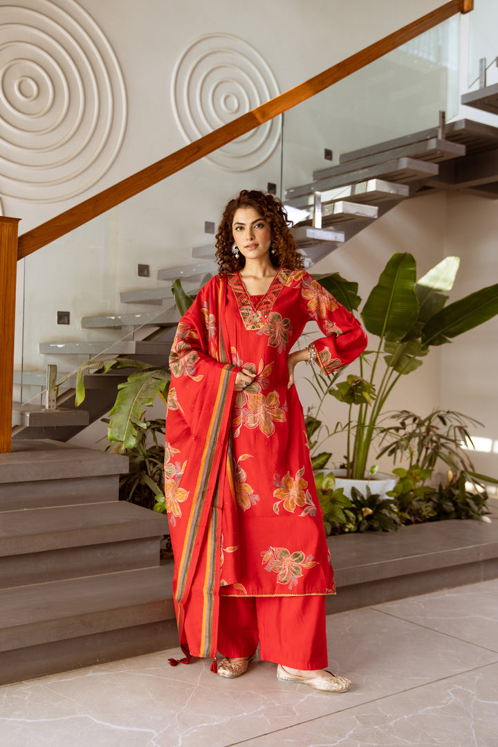 Nehamta Women's Red Modal Muslin Kurta with Palazzo & Dupatta