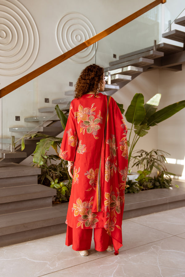 Nehamta Women's Red Modal Muslin Kurta with Palazzo & Dupatta