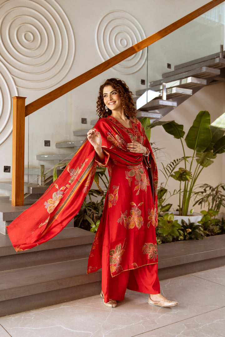 Nehamta Women's Red Modal Muslin Kurta with Palazzo & Dupatta