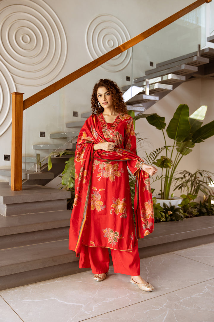 Nehamta Women's Red Modal Muslin Kurta with Palazzo & Dupatta