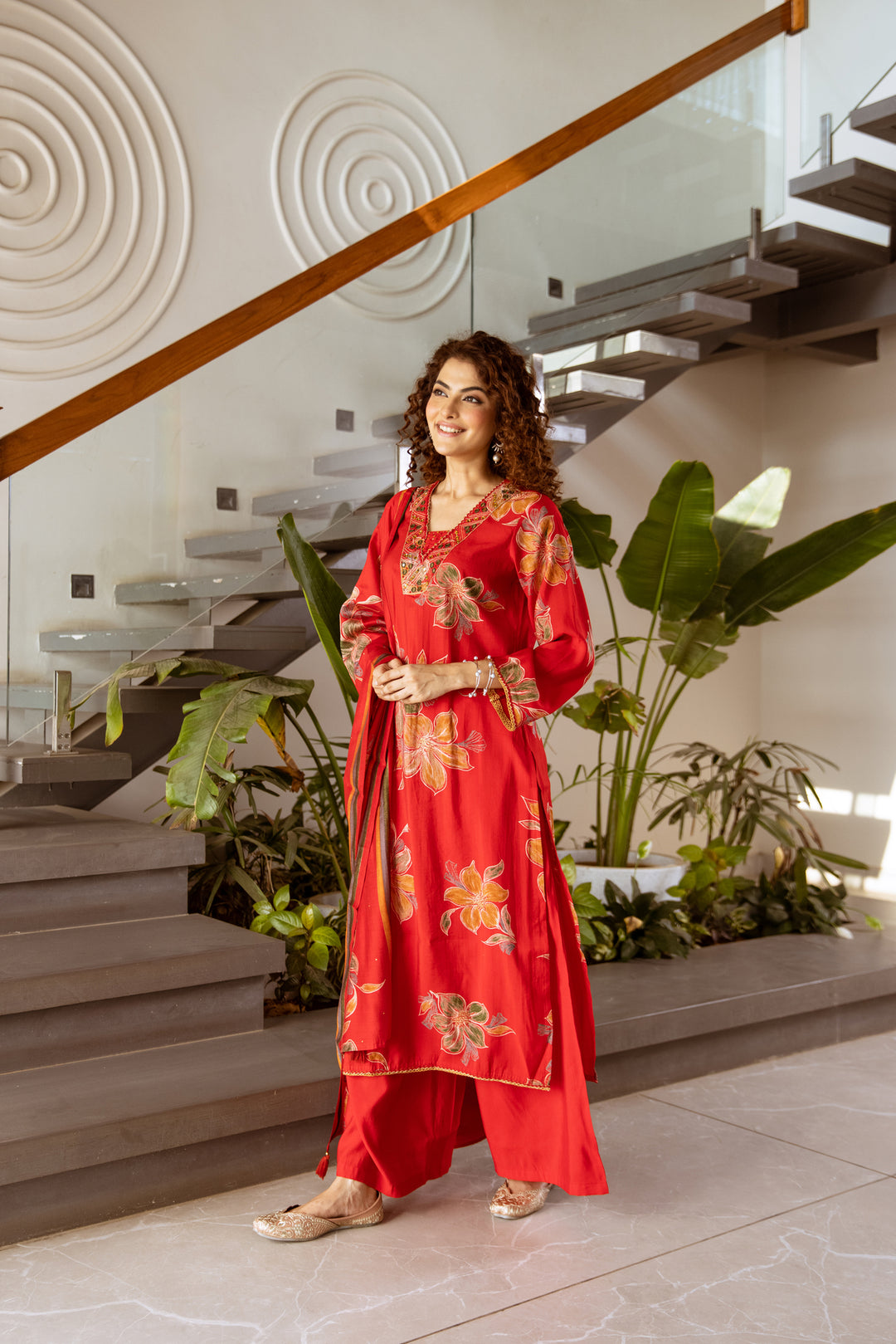 Nehamta Women's Red Modal Muslin Kurta with Palazzo & Dupatta