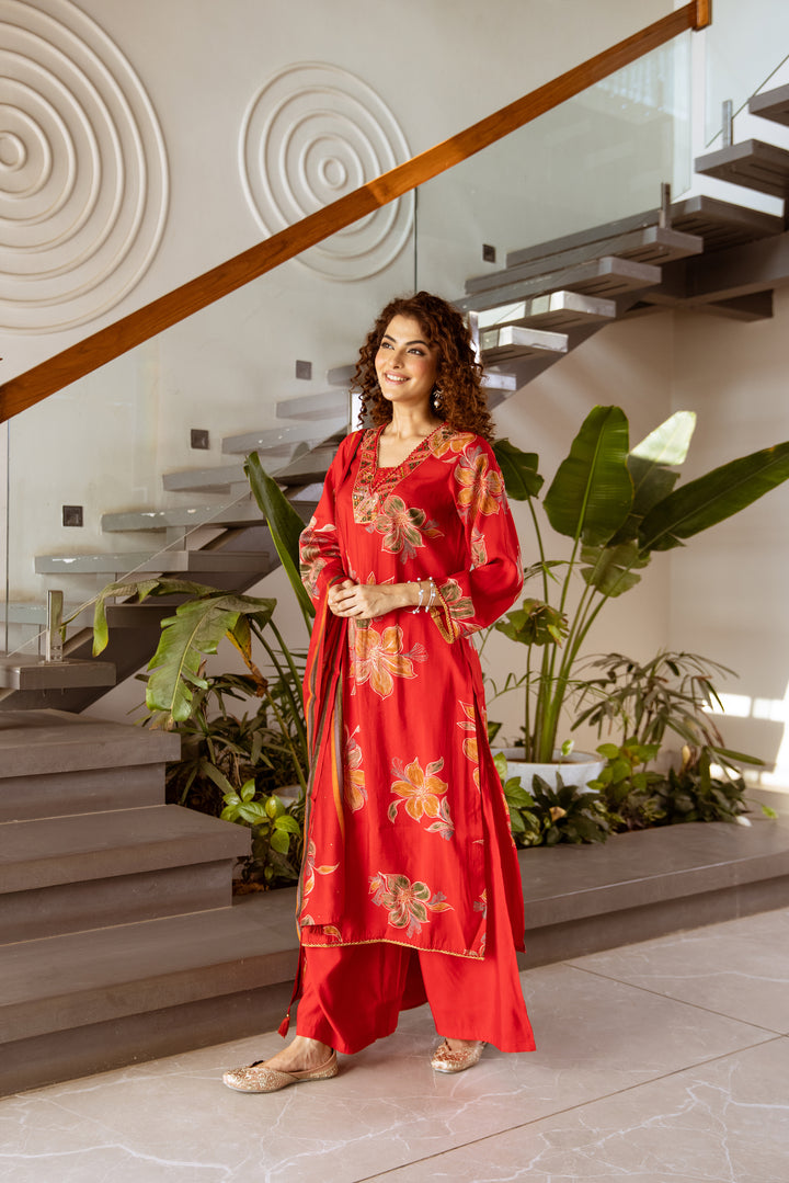 Nehamta Women's Red Modal Muslin Kurta with Palazzo & Dupatta