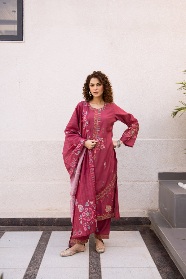 Nehamta Women's Rani Pink Modal Muslin Kurta with Pant & Dupatta