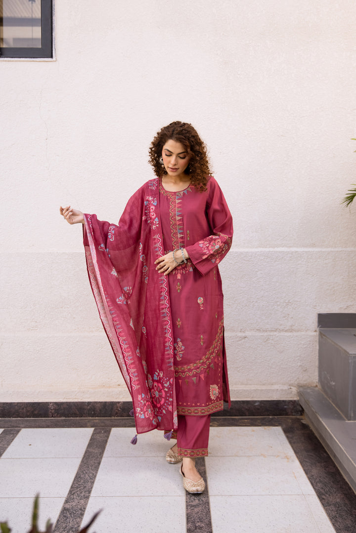 Nehamta Women's Rani Pink Modal Muslin Kurta with Pant & Dupatta